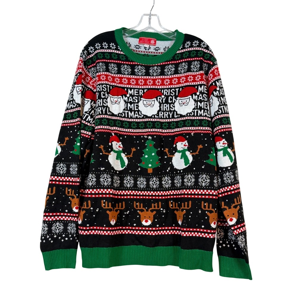 Light Up Ugly Christmas Sweater XL Black Santa Reindeer Kitschy Tacky Holiday